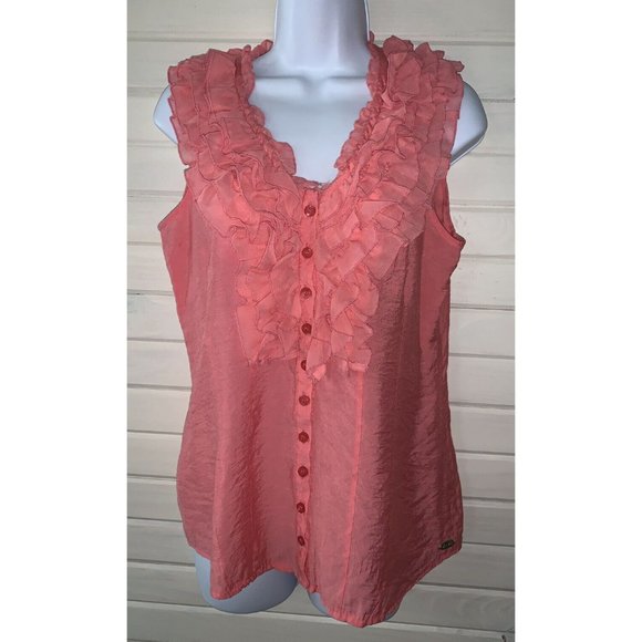 ANTILIA FEMME Sz LARGE Peach Ruffled Neck Sleeveless Peasant Blouse Boho EUC - Picture 3 of 9